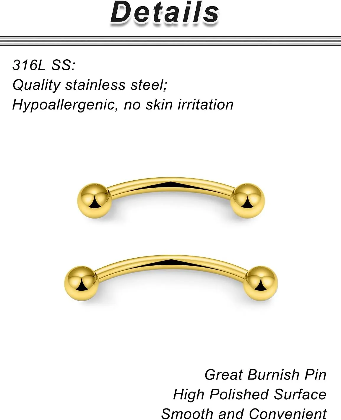 Ocptiy 20G 16G 14G 12G Eyebrow Rook Daith Piercing Jewelry 316L Surgical Steel Vertical Lip Labret Belly Button Ring Snake Eyes Tongue Ring Curved Barbell 6mm(1/4") 8mm(5/16") 10mm (3/8") 12mm(1/2")