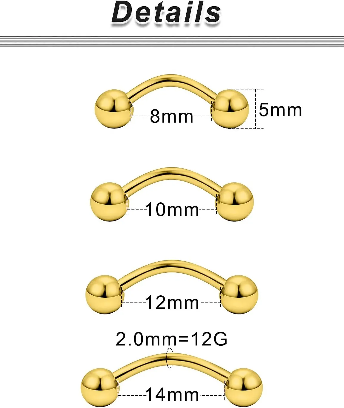 Ocptiy 20G 16G 14G 12G Eyebrow Rook Daith Piercing Jewelry 316L Surgical Steel Vertical Lip Labret Belly Button Ring Snake Eyes Tongue Ring Curved Barbell 6mm(1/4") 8mm(5/16") 10mm (3/8") 12mm(1/2")
