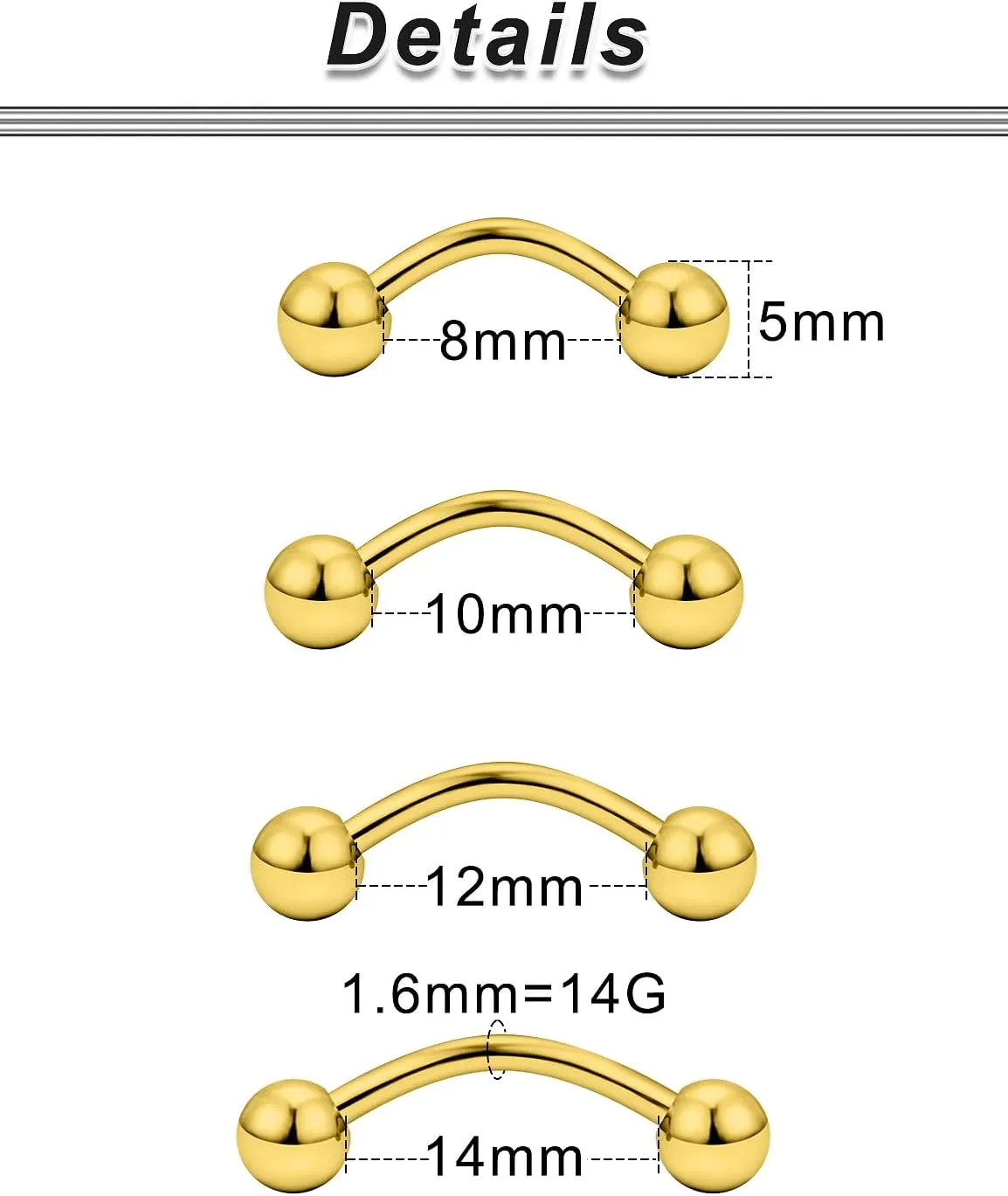 Ocptiy 20G 16G 14G 12G Eyebrow Rook Daith Piercing Jewelry 316L Surgical Steel Vertical Lip Labret Belly Button Ring Snake Eyes Tongue Ring Curved Barbell 6mm(1/4") 8mm(5/16") 10mm (3/8") 12mm(1/2")