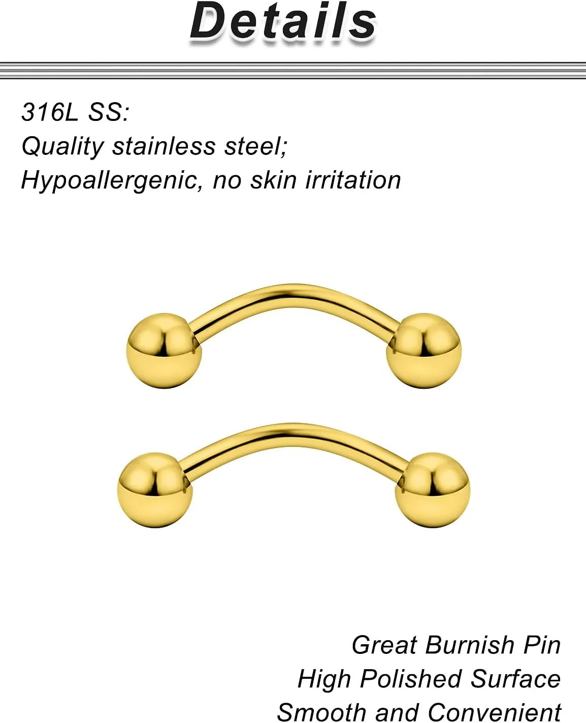 Ocptiy 20G 16G 14G 12G Eyebrow Rook Daith Piercing Jewelry 316L Surgical Steel Vertical Lip Labret Belly Button Ring Snake Eyes Tongue Ring Curved Barbell 6mm(1/4") 8mm(5/16") 10mm (3/8") 12mm(1/2")