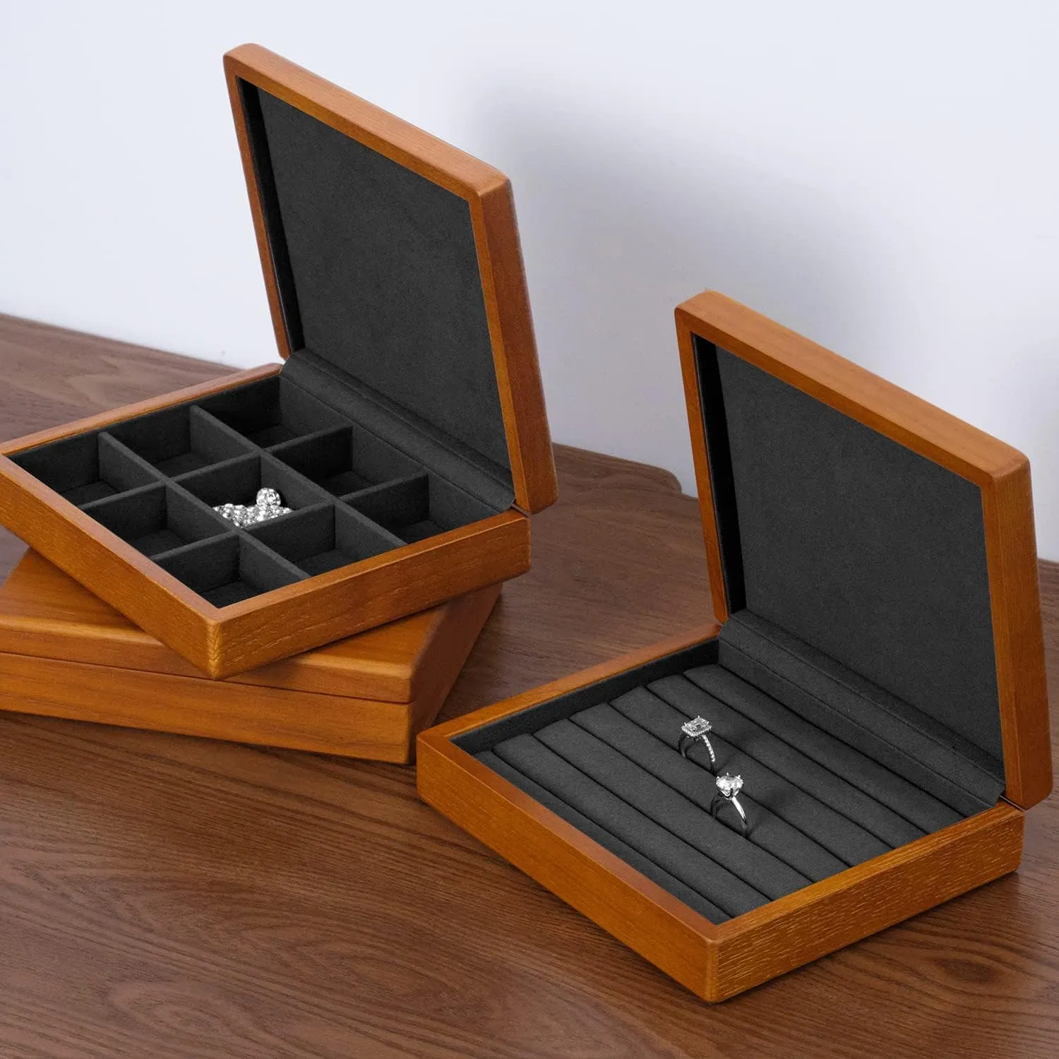 Oirlv Solid Wood Ring Jewelry Box Organizer Earrings Jewelry Drawer Organizer Tray with Lid (Creamy-white)