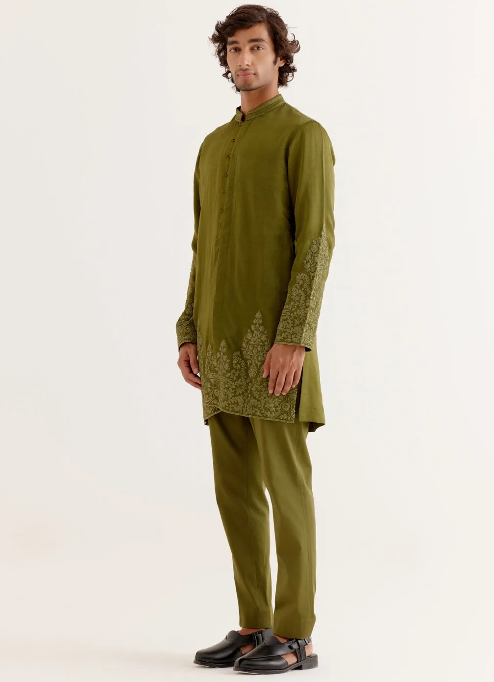 Olive Green Front-Open Dori Embroidered Kurta Set