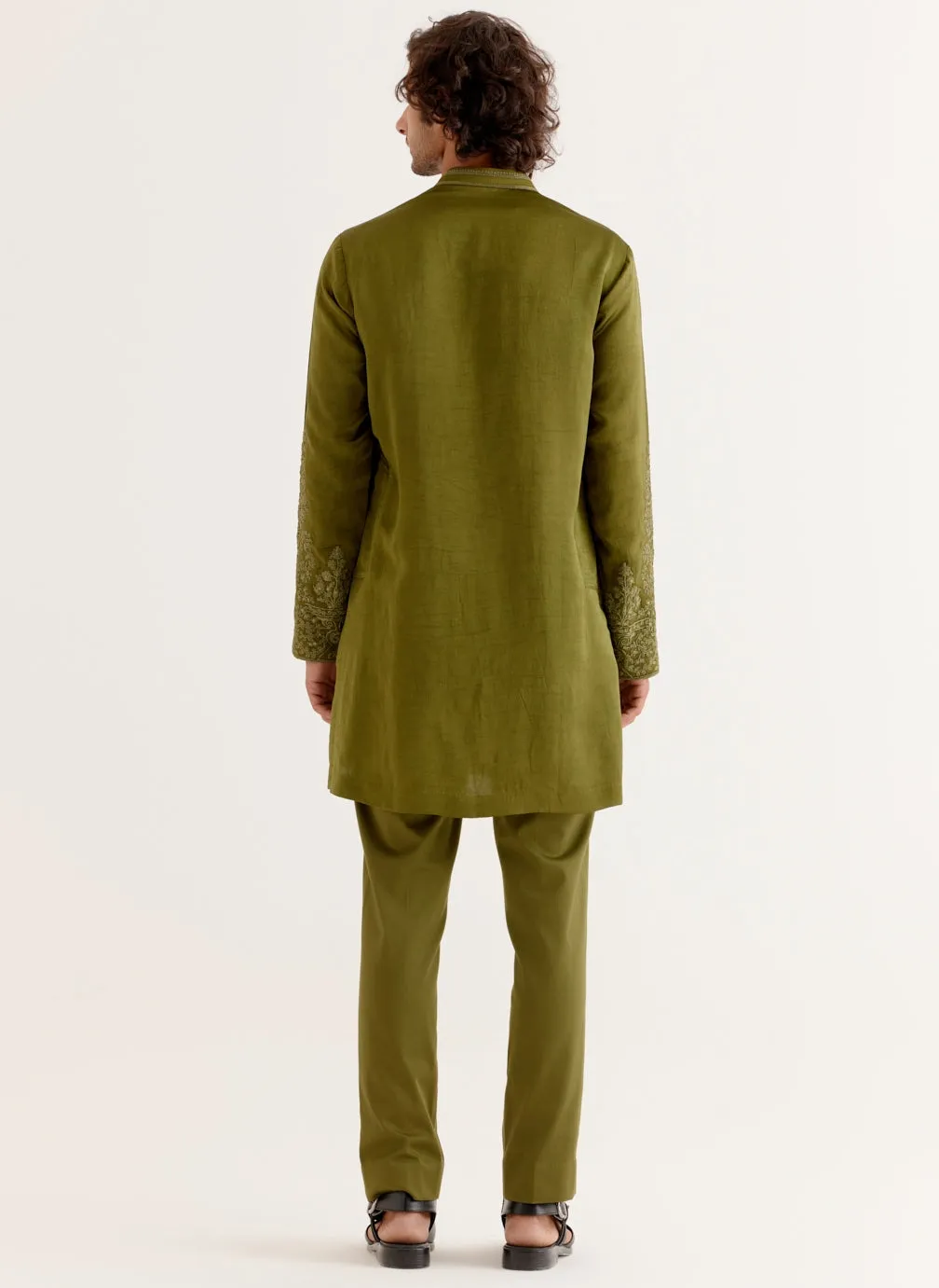 Olive Green Front-Open Dori Embroidered Kurta Set