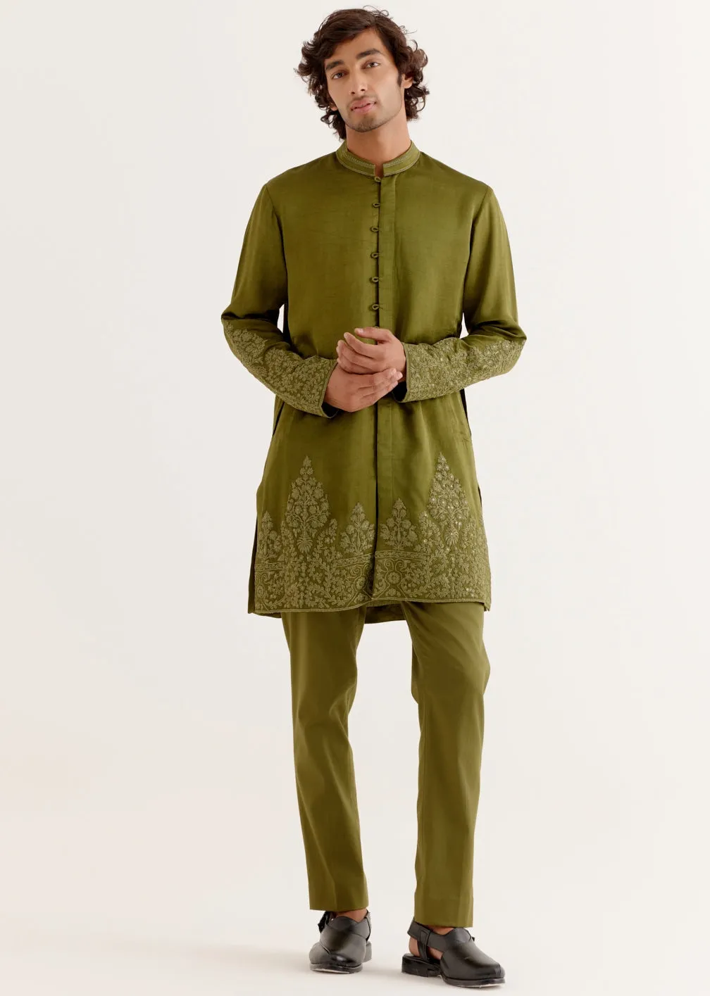 Olive Green Front-Open Dori Embroidered Kurta Set