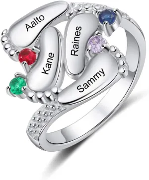 OPALSTOCK Gifts for Mom Personalized Engraved 4 Children Names For Women Rings Baby Feet 4 Simulated Birthstone 925 Sterling Silver Rings for Mom Mother's Day Rings Christmas Day Gifts for Women