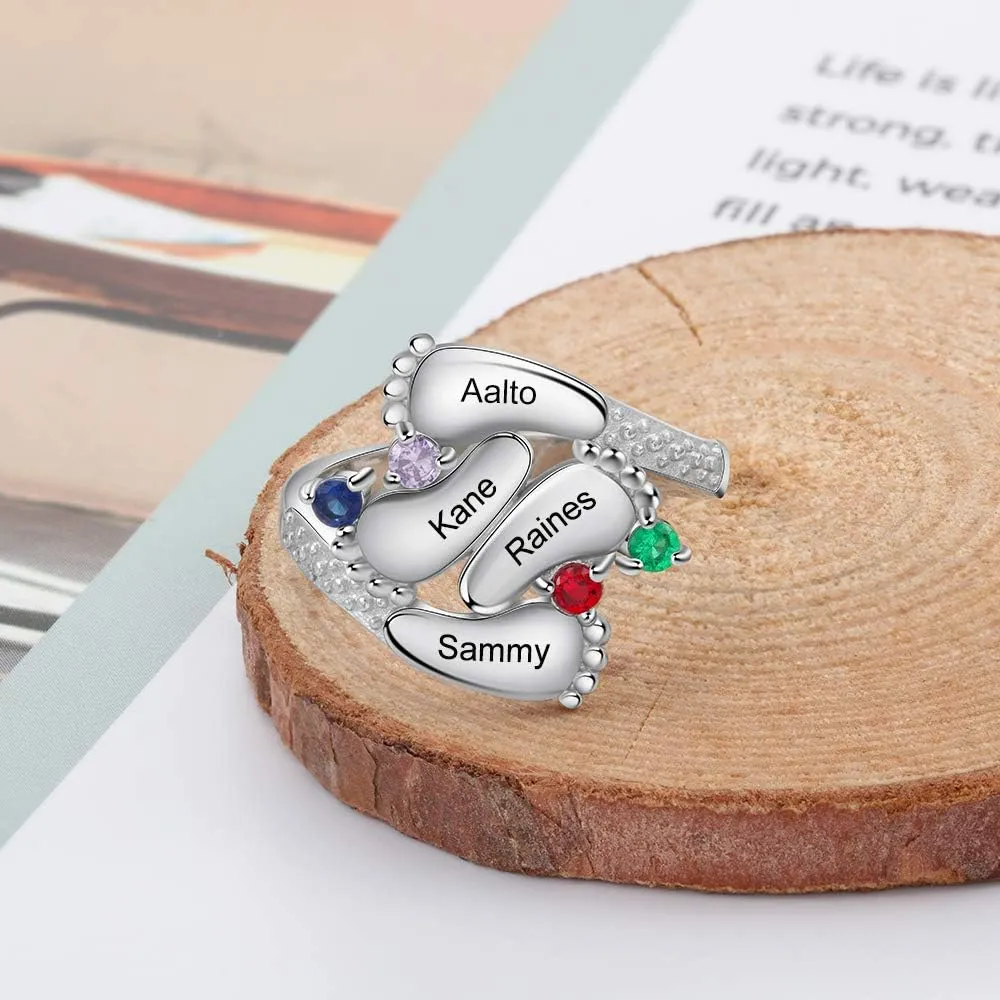 OPALSTOCK Gifts for Mom Personalized Engraved 4 Children Names For Women Rings Baby Feet 4 Simulated Birthstone 925 Sterling Silver Rings for Mom Mother's Day Rings Christmas Day Gifts for Women