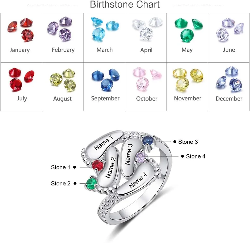 OPALSTOCK Gifts for Mom Personalized Engraved 4 Children Names For Women Rings Baby Feet 4 Simulated Birthstone 925 Sterling Silver Rings for Mom Mother's Day Rings Christmas Day Gifts for Women
