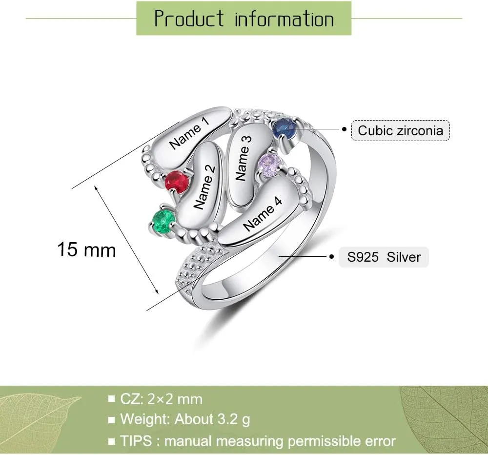 OPALSTOCK Gifts for Mom Personalized Engraved 4 Children Names For Women Rings Baby Feet 4 Simulated Birthstone 925 Sterling Silver Rings for Mom Mother's Day Rings Christmas Day Gifts for Women