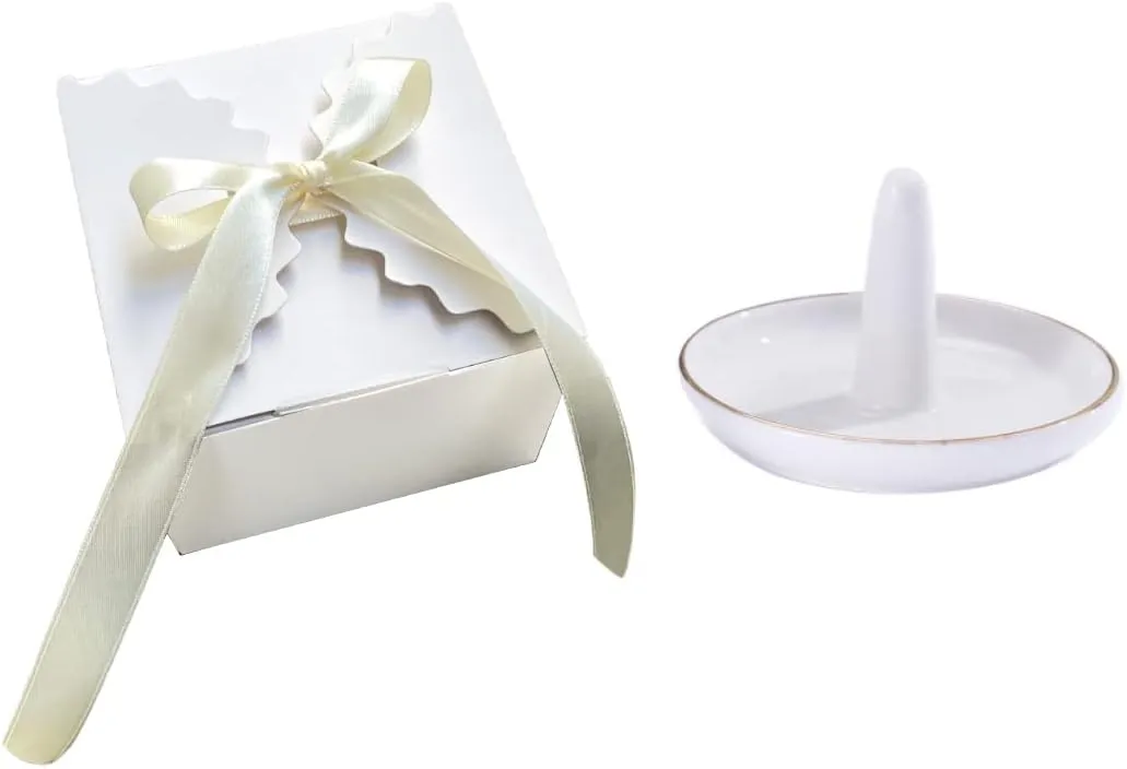 oskas White Ring Dish Holder,Engagement Wedding Bridal Shower GiftDecorative Trinket Tray,4 Inch,Ceramic,White