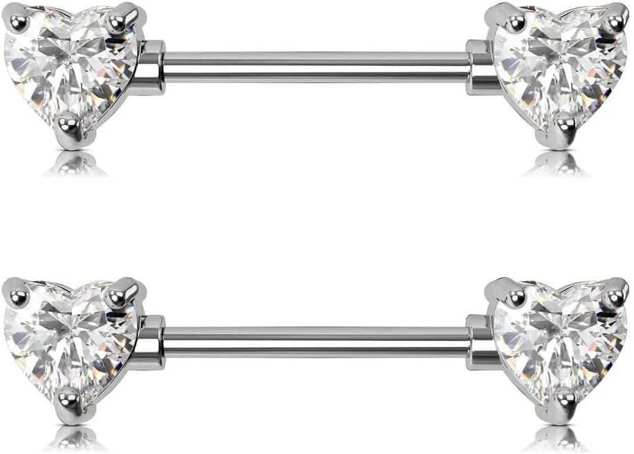 OUFER 2PCS 14G Surgical Steel Nipple Rings Barbell Heart CZ Nipple Rings Piercing for Women nippleshield Piercing Body Piercing