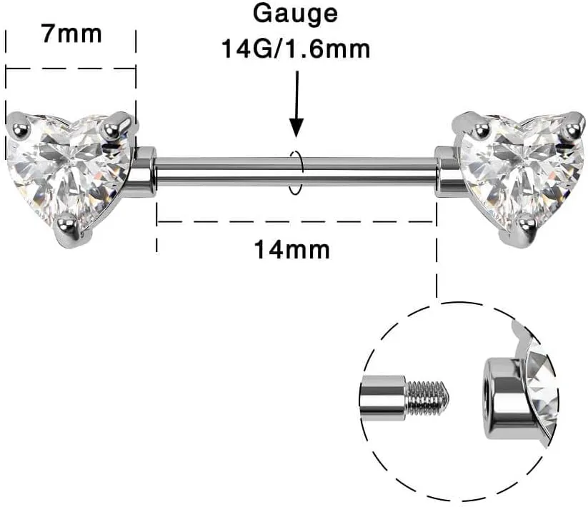 OUFER 2PCS 14G Surgical Steel Nipple Rings Barbell Heart CZ Nipple Rings Piercing for Women nippleshield Piercing Body Piercing