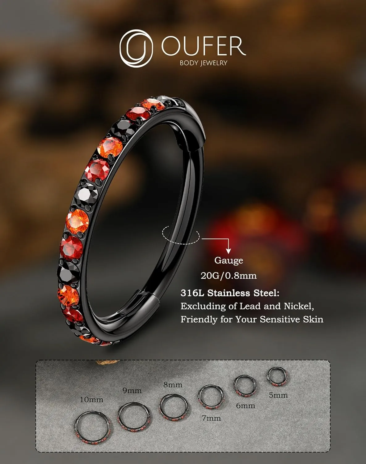 OUFER Black Nose Rings Hoops, 316L Surgical Steel Nose Rings, Nose Piercing Jewelry,20G Hinged Colorful CZ Helix Piercing Jewelry, Septum Clicker Lip Rings Cartilage Conch Rook Helix Tragus Daith Earrings 5mm/6mm/7mm/8mm/9mm/10mm