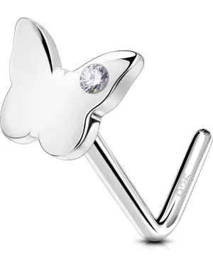 OUFER Butterfly Nose Studs, 925 Sterling Silver Nose Rings, L-Shaped Nose Piercing Jewelry, Cute Nostril Piercing, 20G Nose Rings For Women-7MM