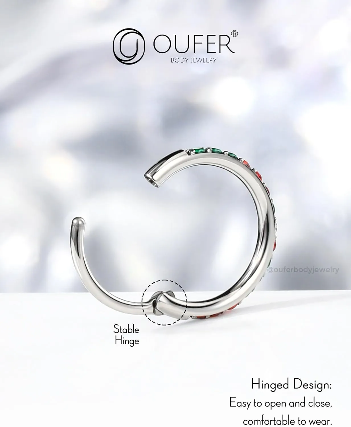 OUFER Nose Rings Hoops, 316L Surgical Steel Nose Rings, 20G Hinged Colorful CZ Rook Piercing Jewelry, Septum Clicker Lip Rings Cartilage Conch Daith Tragus Daith Earrings-6mm/7mm/8mm