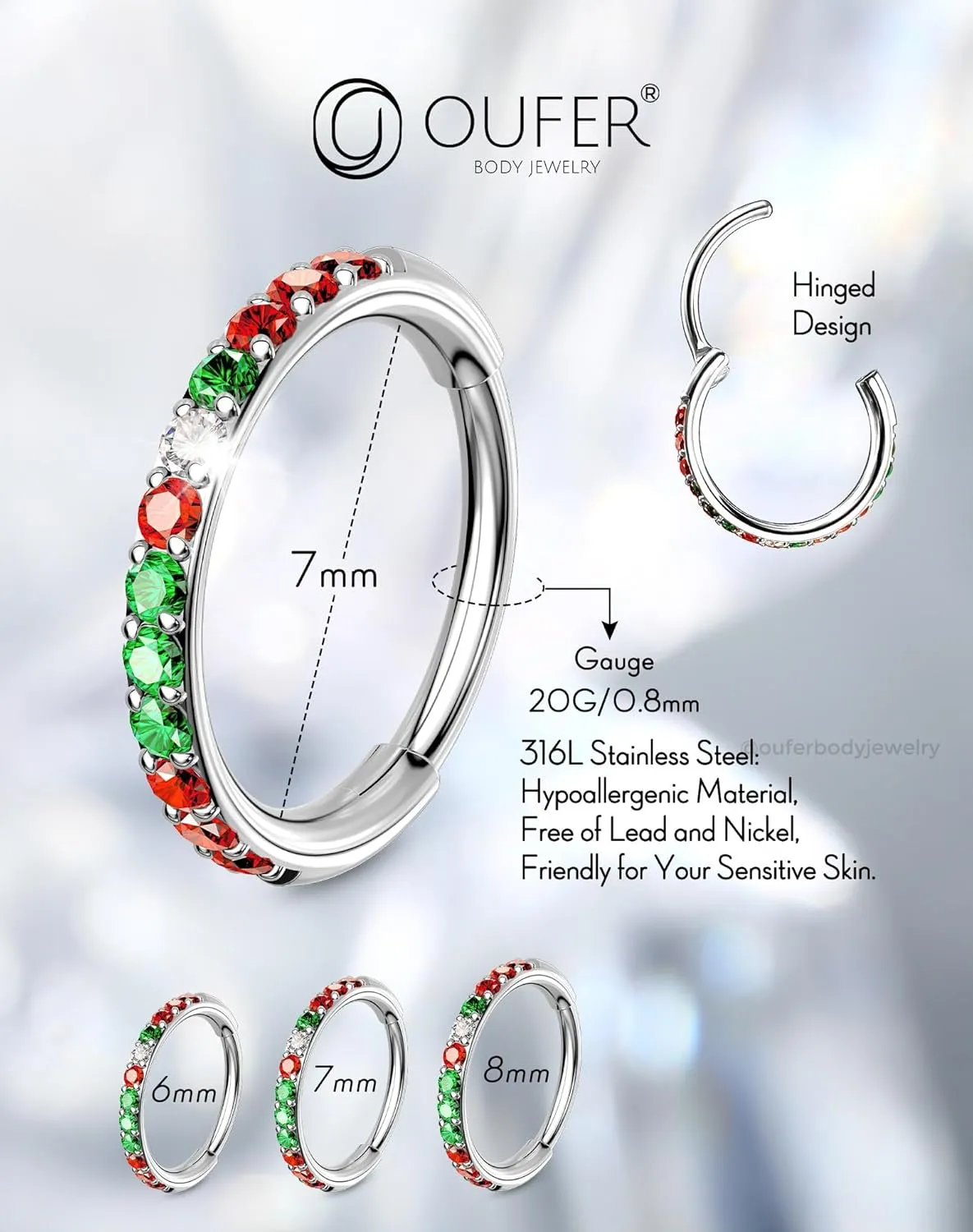 OUFER Nose Rings Hoops, 316L Surgical Steel Nose Rings, 20G Hinged Colorful CZ Rook Piercing Jewelry, Septum Clicker Lip Rings Cartilage Conch Daith Tragus Daith Earrings-6mm/7mm/8mm