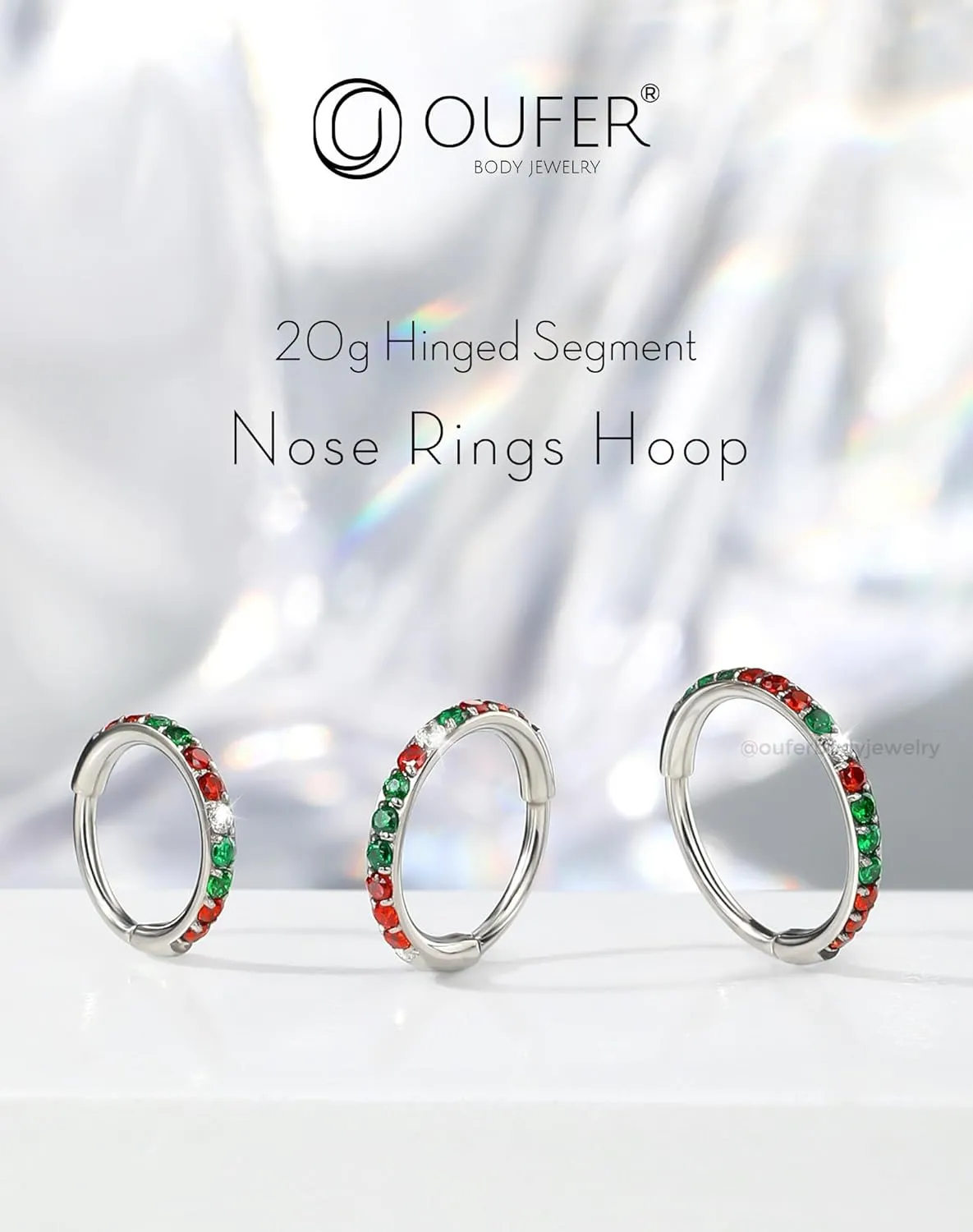 OUFER Nose Rings Hoops, 316L Surgical Steel Nose Rings, 20G Hinged Colorful CZ Rook Piercing Jewelry, Septum Clicker Lip Rings Cartilage Conch Daith Tragus Daith Earrings-6mm/7mm/8mm