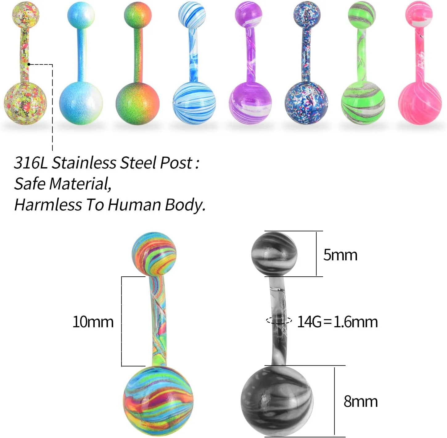 Oyaface 10 Pcs Belly Button Rings Tongue Studs Banana Industrial Barbells Horseshoe Septum Rings 14G/16G Colored Stainless Steel Body Bars Jewelry Gift Set