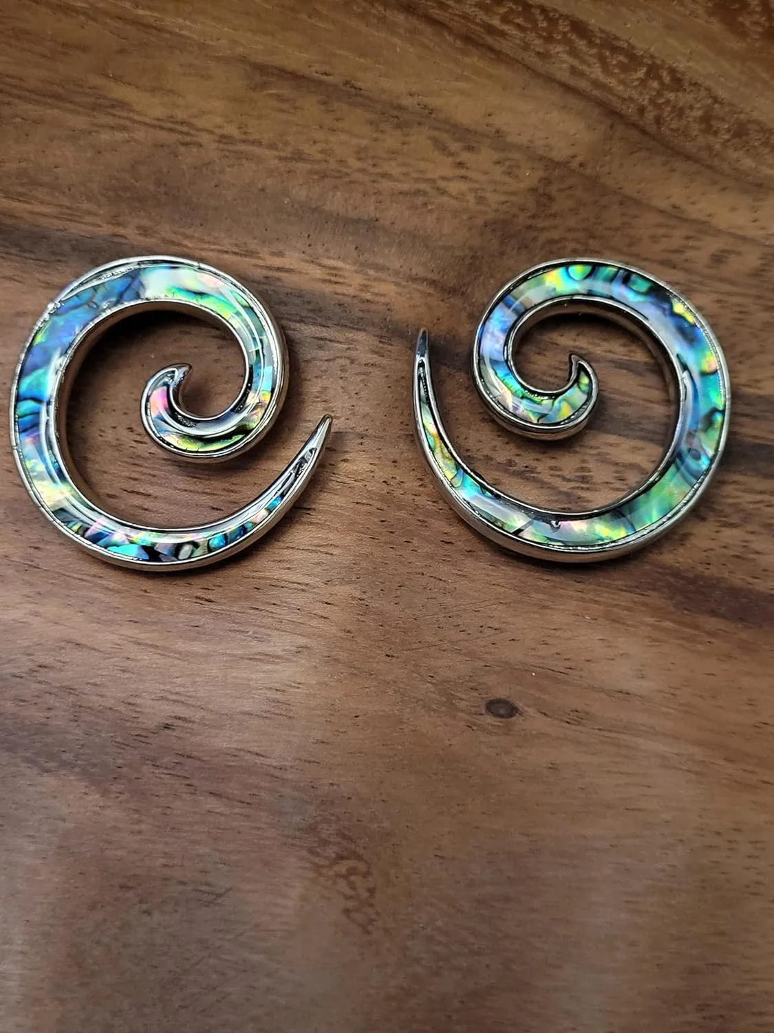 Pair 0g or 2g Steel Blue Green Abalone Large Ear Super Spirals Tapers Gauges 8mm 6mm hangers