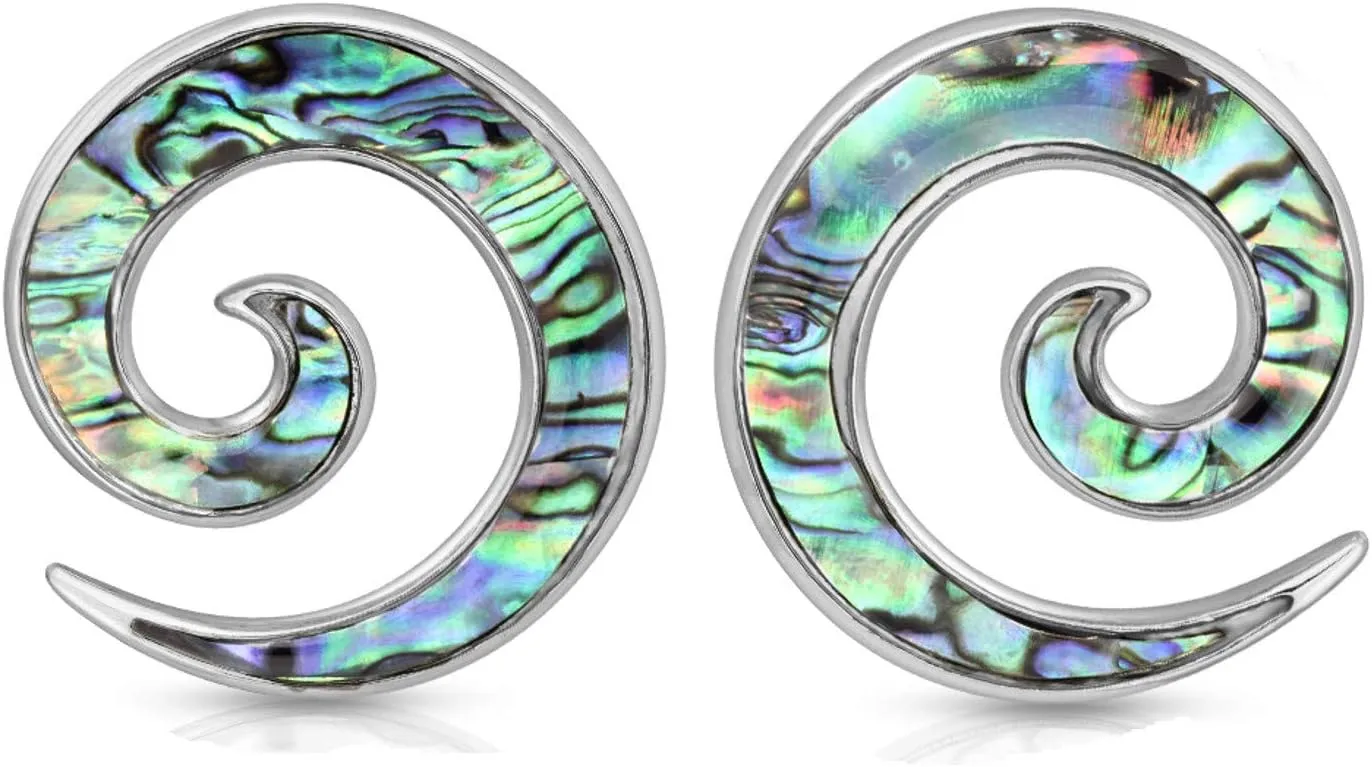 Pair 0g or 2g Steel Blue Green Abalone Large Ear Super Spirals Tapers Gauges 8mm 6mm hangers
