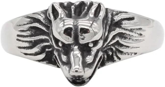 PAMTIER Men's Stainless Steel Personality Vintage Domineering Roaring Animal Wolf Head Biker Ring Overlord of The Forest