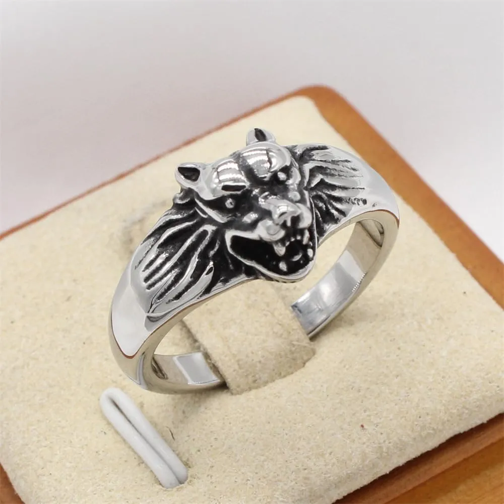 PAMTIER Men's Stainless Steel Personality Vintage Domineering Roaring Animal Wolf Head Biker Ring Overlord of The Forest