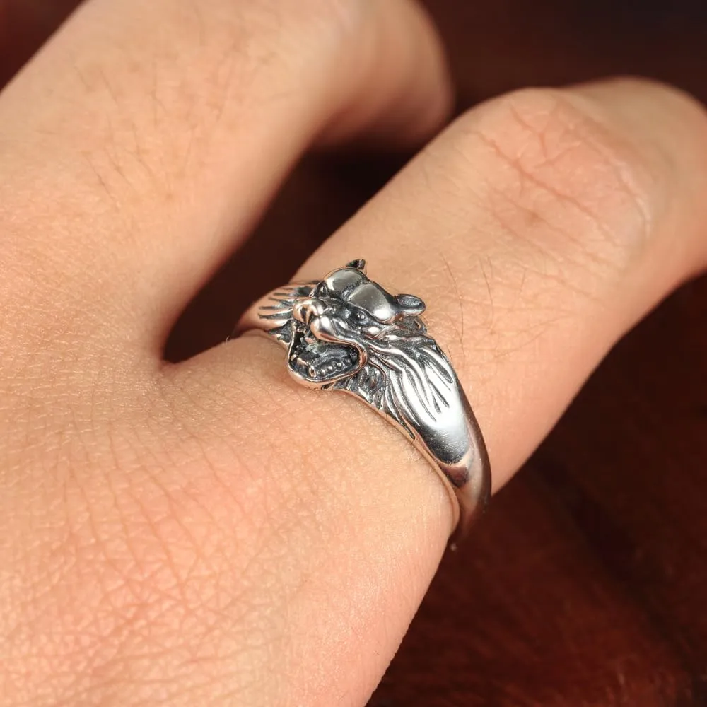 PAMTIER Men's Stainless Steel Personality Vintage Domineering Roaring Animal Wolf Head Biker Ring Overlord of The Forest