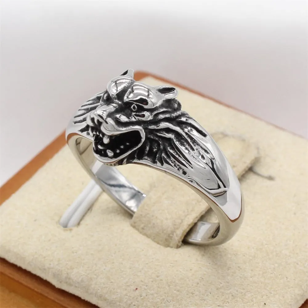 PAMTIER Men's Stainless Steel Personality Vintage Domineering Roaring Animal Wolf Head Biker Ring Overlord of The Forest