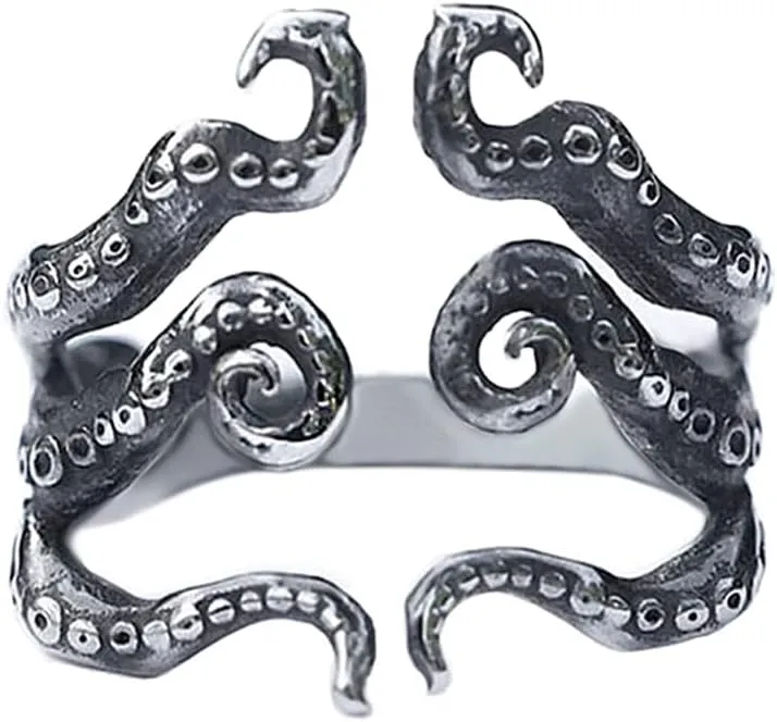 PAMTIER Men's Stainless Steel Vintage Personality Ancient Silver Tone Octopus Squid Whiskers Motorcycle Ring
