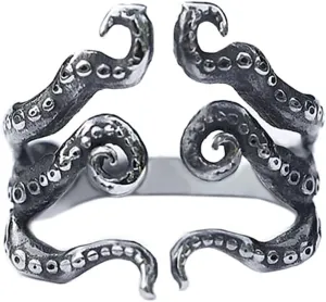 PAMTIER Men's Stainless Steel Vintage Personality Ancient Silver Tone Octopus Squid Whiskers Motorcycle Ring