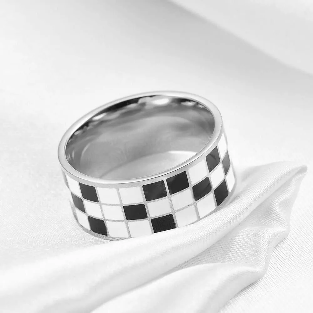 PAMTIER Unisex Stainless Steel 8mm Black and White Checkerboard Pattern Signet Ring