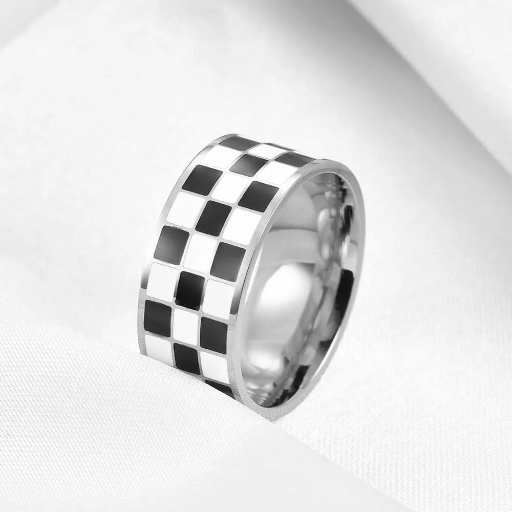 PAMTIER Unisex Stainless Steel 8mm Black and White Checkerboard Pattern Signet Ring