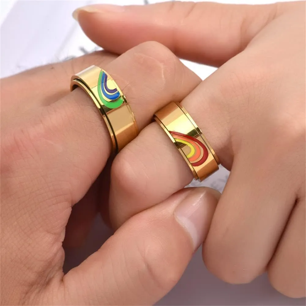 PAURO Unisex Stainless Steel Anxiety Rotatable Ring Heart Couple Wedding Promise Ring