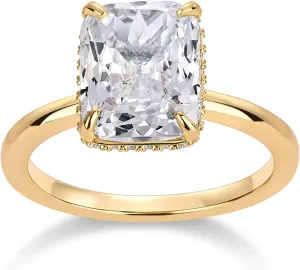 PAVOI 14K Gold Plated 3.5CT Square Radiant Cubic Zirconia Engagement and Promise Ring for Women - Hidden Halo Ring