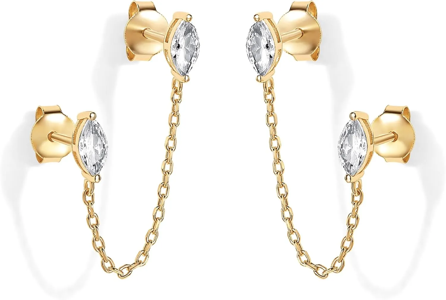 PAVOI 14K Gold Plated Delicate CZ Chain Earrings for Women - Double Piercing Dangle Chain Studs - Cubic Zirconia Earscapes