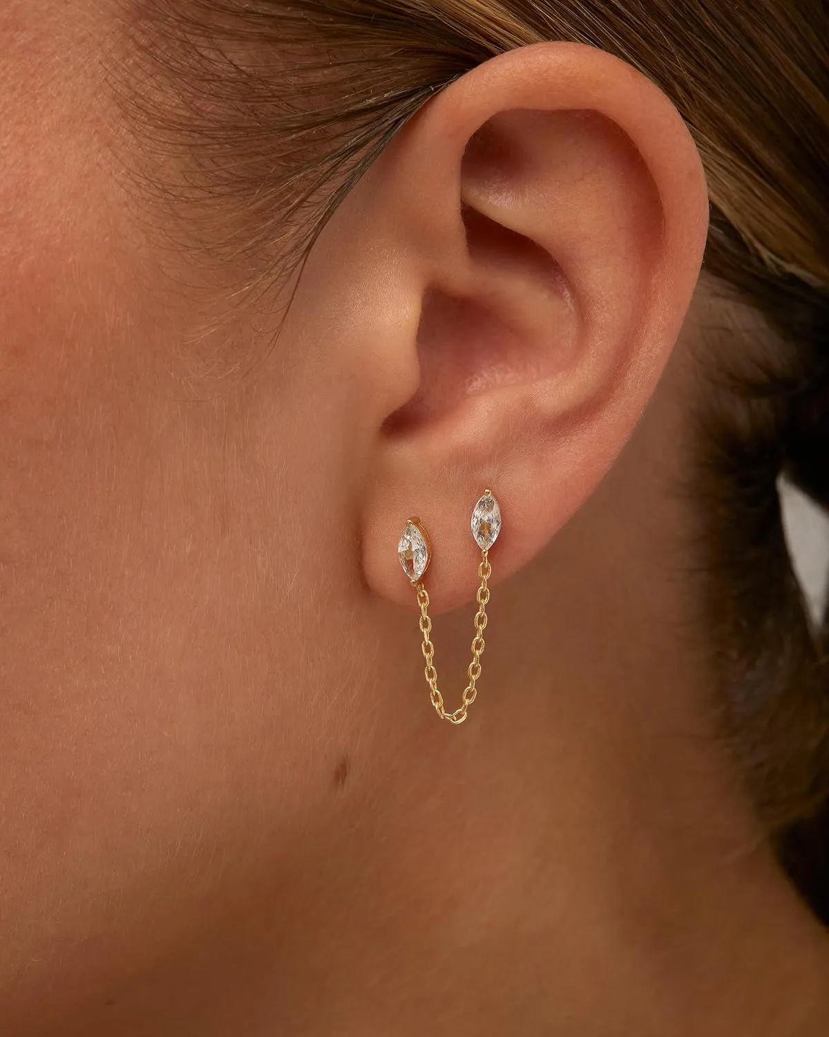 PAVOI 14K Gold Plated Delicate CZ Chain Earrings for Women - Double Piercing Dangle Chain Studs - Cubic Zirconia Earscapes