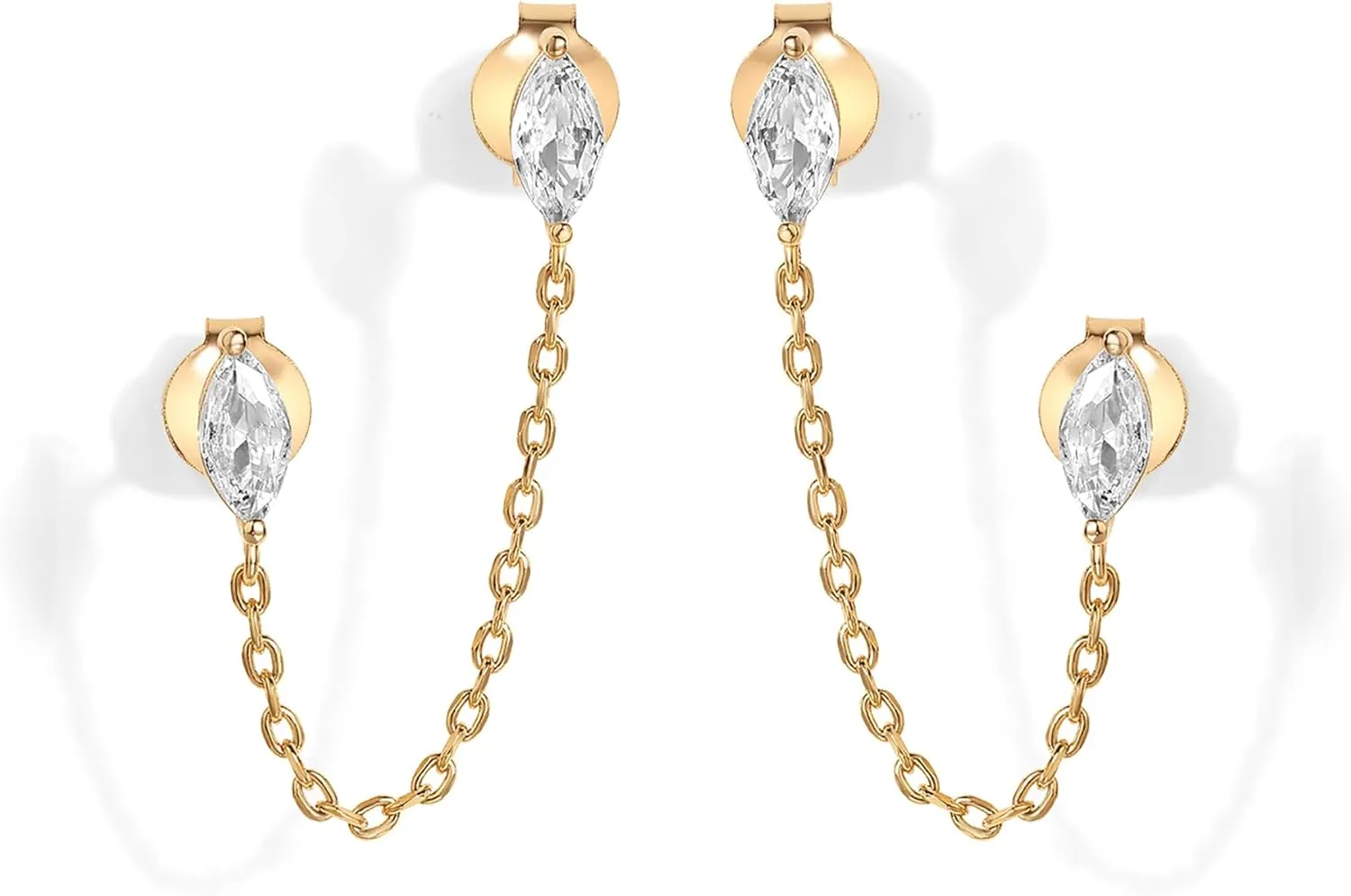 PAVOI 14K Gold Plated Delicate CZ Chain Earrings for Women - Double Piercing Dangle Chain Studs - Cubic Zirconia Earscapes