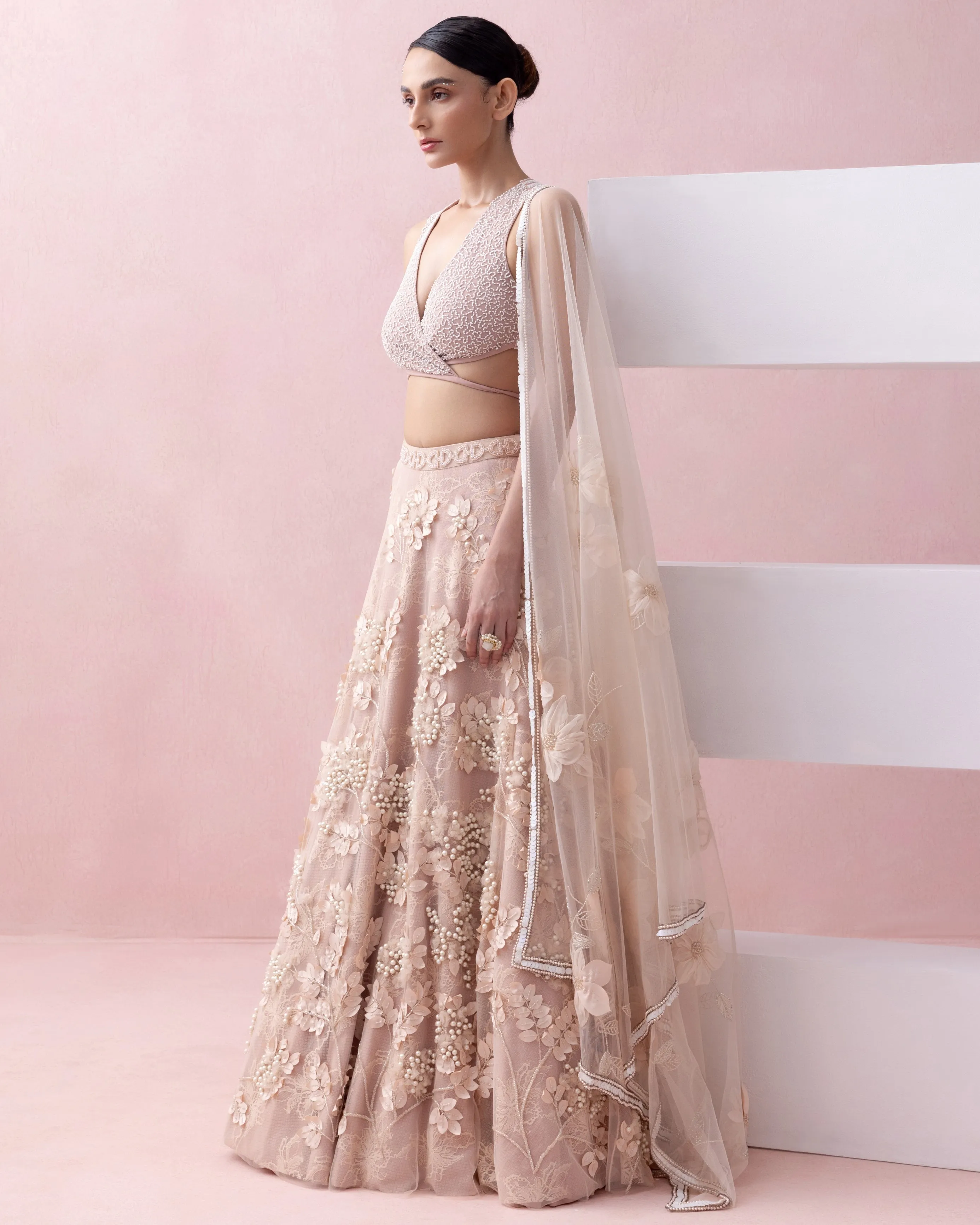 Peach Lace 3D Appliques Tie Up Lehenga Set