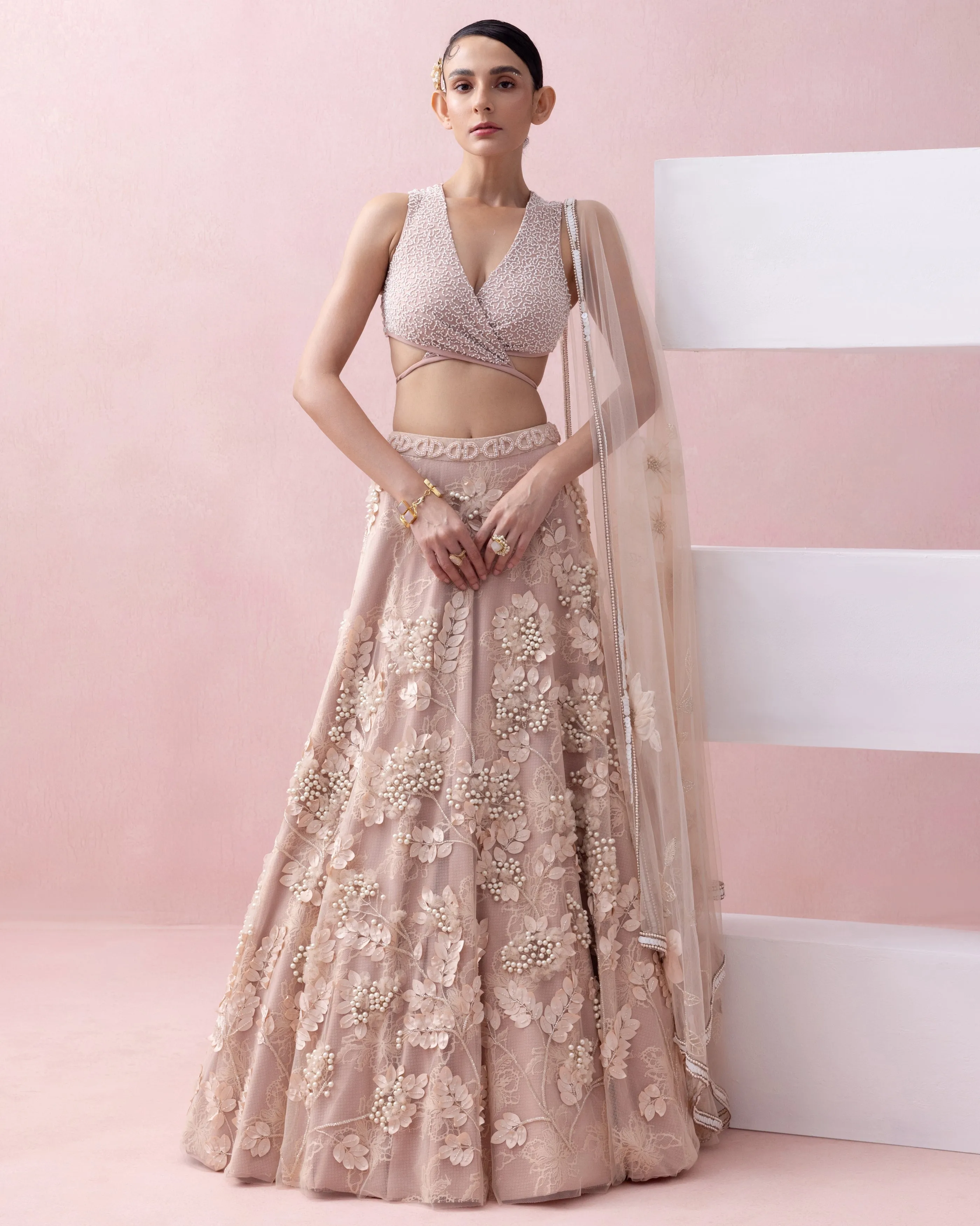 Peach Lace 3D Appliques Tie Up Lehenga Set