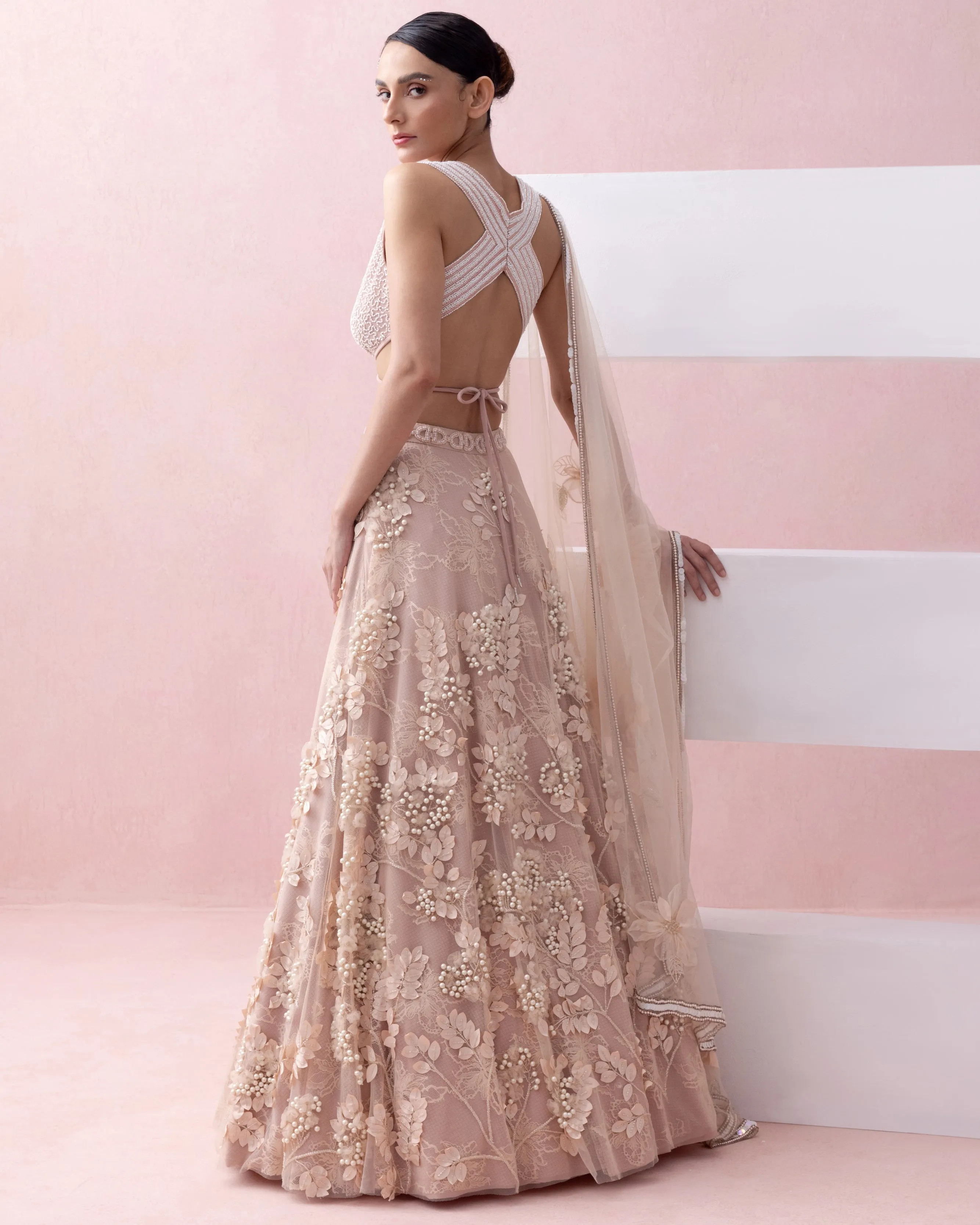 Peach Lace 3D Appliques Tie Up Lehenga Set