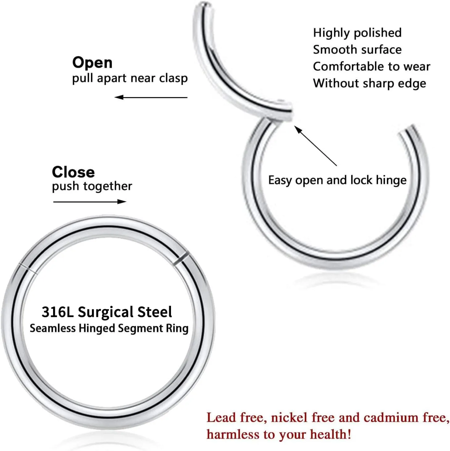PEAKLINK 3pcs Titanium Nose Hoop Ring Set 20G 18G 16G Septum Ring Seamless Clicker Ring Conch Helix Lobe Hoop Earring Tragus Daith Rook Lip Belly Cartilage Sleeper Piercing Jewelry 6mm to 12mm