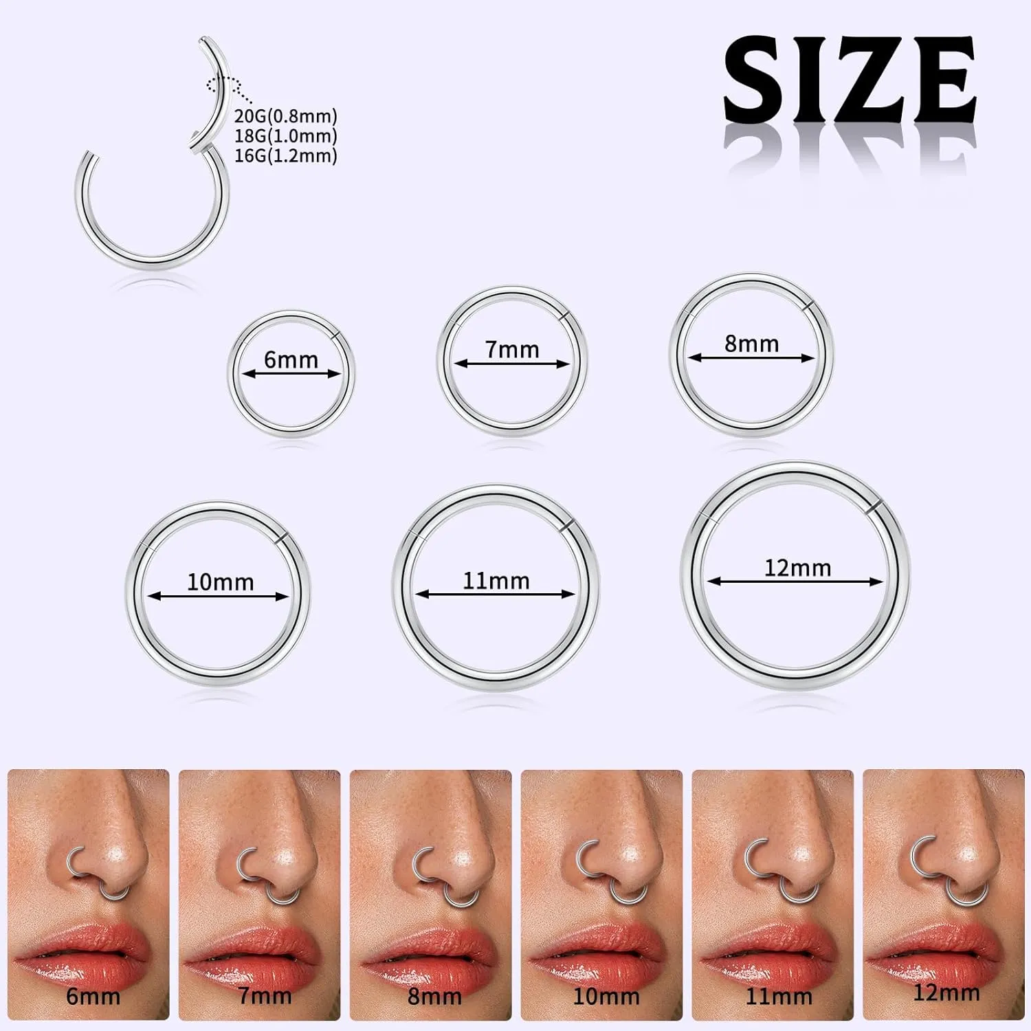 PEAKLINK 3pcs Titanium Nose Hoop Ring Set 20G 18G 16G Septum Ring Seamless Clicker Ring Conch Helix Lobe Hoop Earring Tragus Daith Rook Lip Belly Cartilage Sleeper Piercing Jewelry 6mm to 12mm