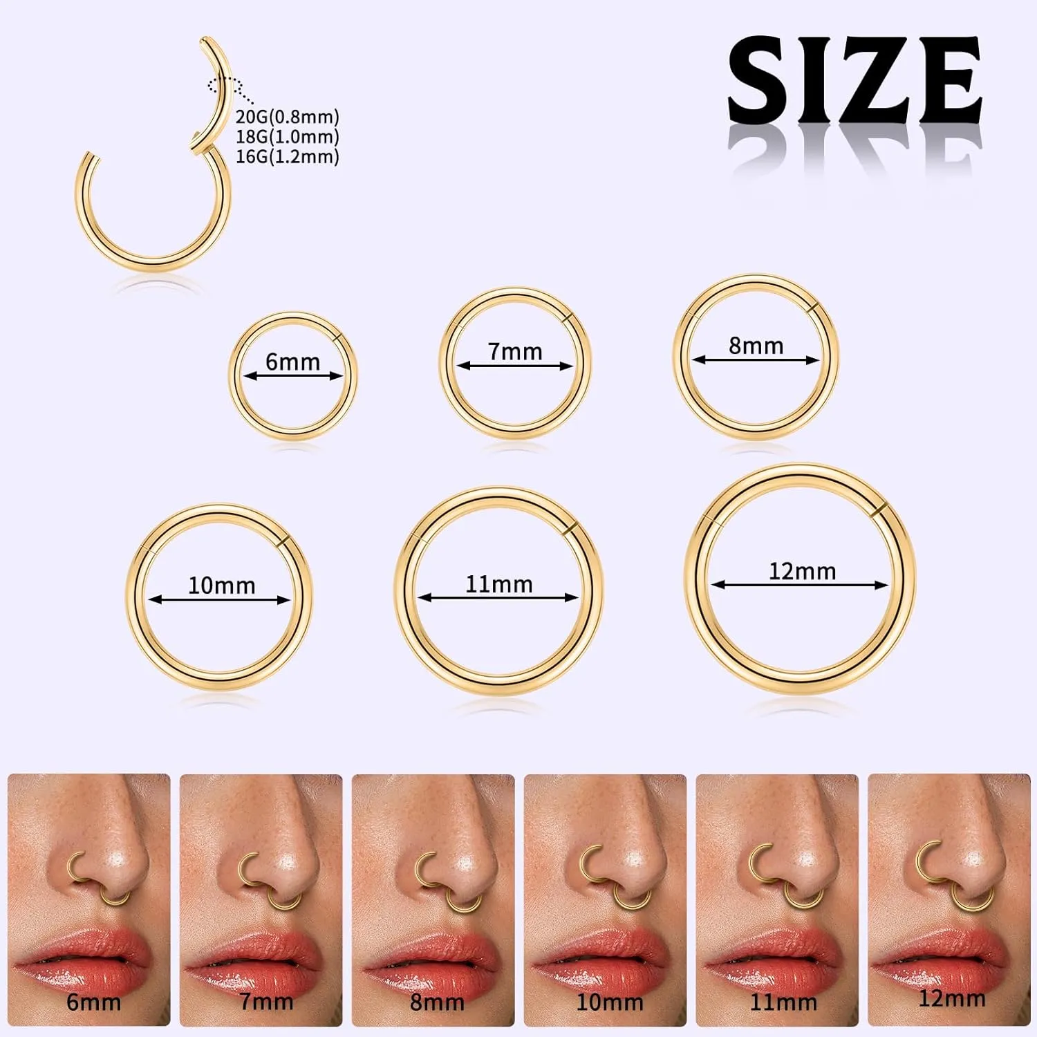 PEAKLINK 3pcs Titanium Nose Hoop Ring Set 20G 18G 16G Septum Ring Seamless Clicker Ring Conch Helix Lobe Hoop Earring Tragus Daith Rook Lip Belly Cartilage Sleeper Piercing Jewelry 6mm to 12mm