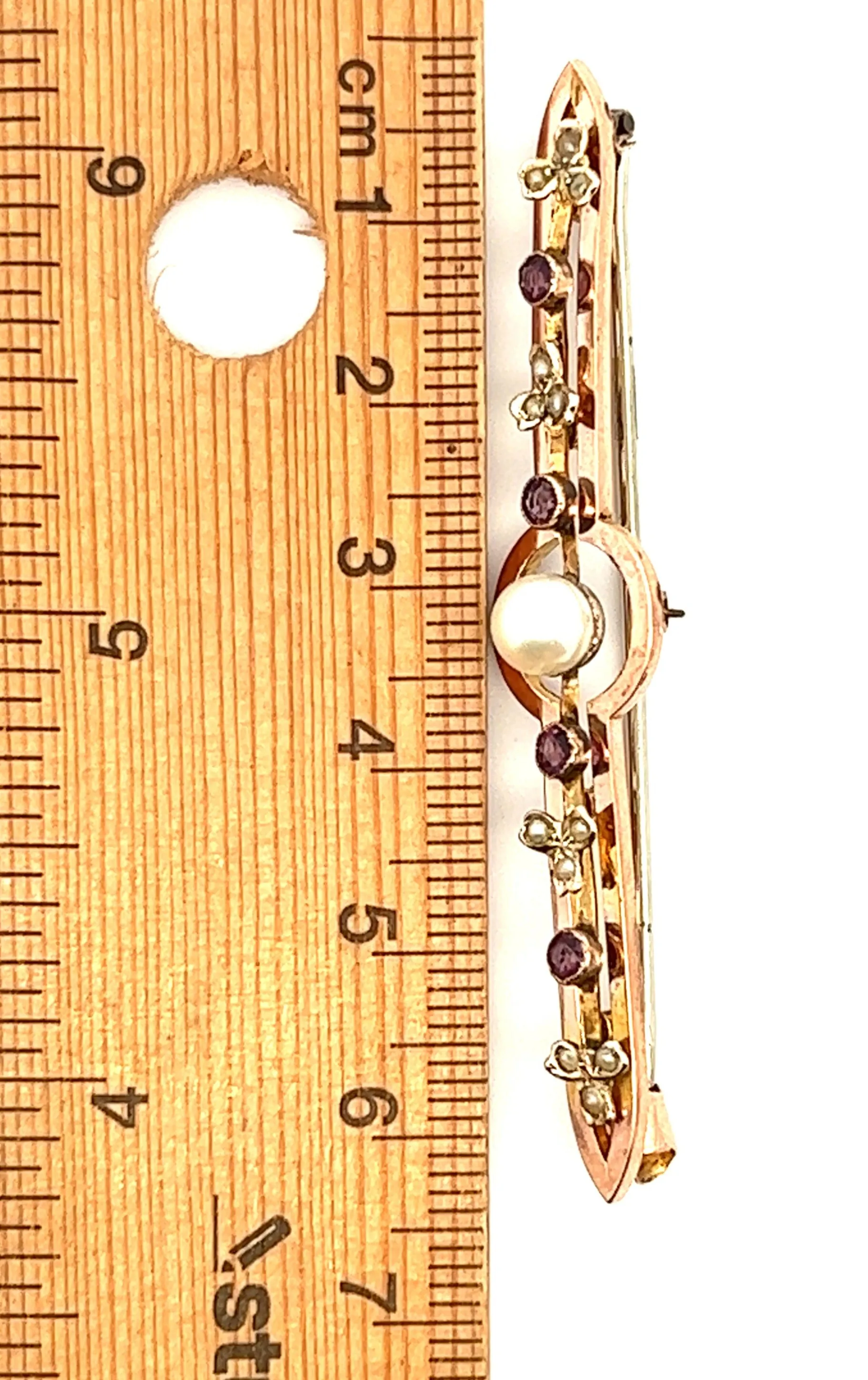 Pearl & Amethyst Yellow Gold Vintage Bar Brooch