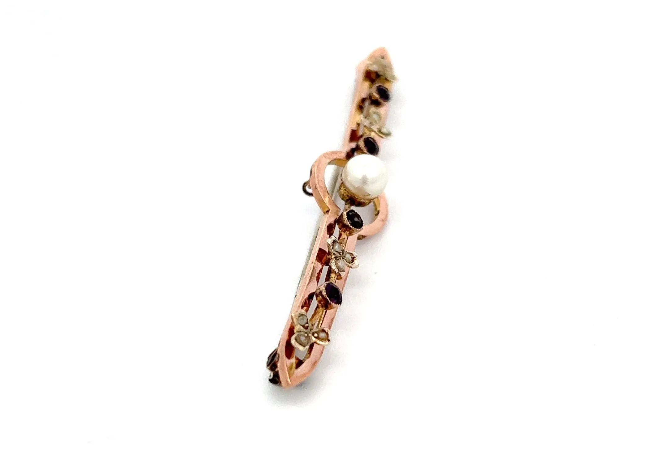 Pearl & Amethyst Yellow Gold Vintage Bar Brooch