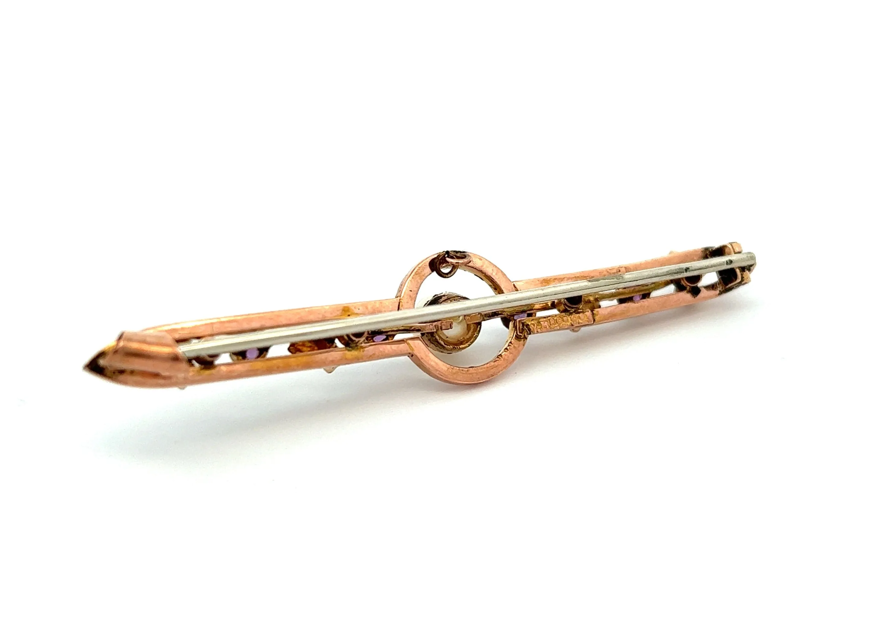 Pearl & Amethyst Yellow Gold Vintage Bar Brooch
