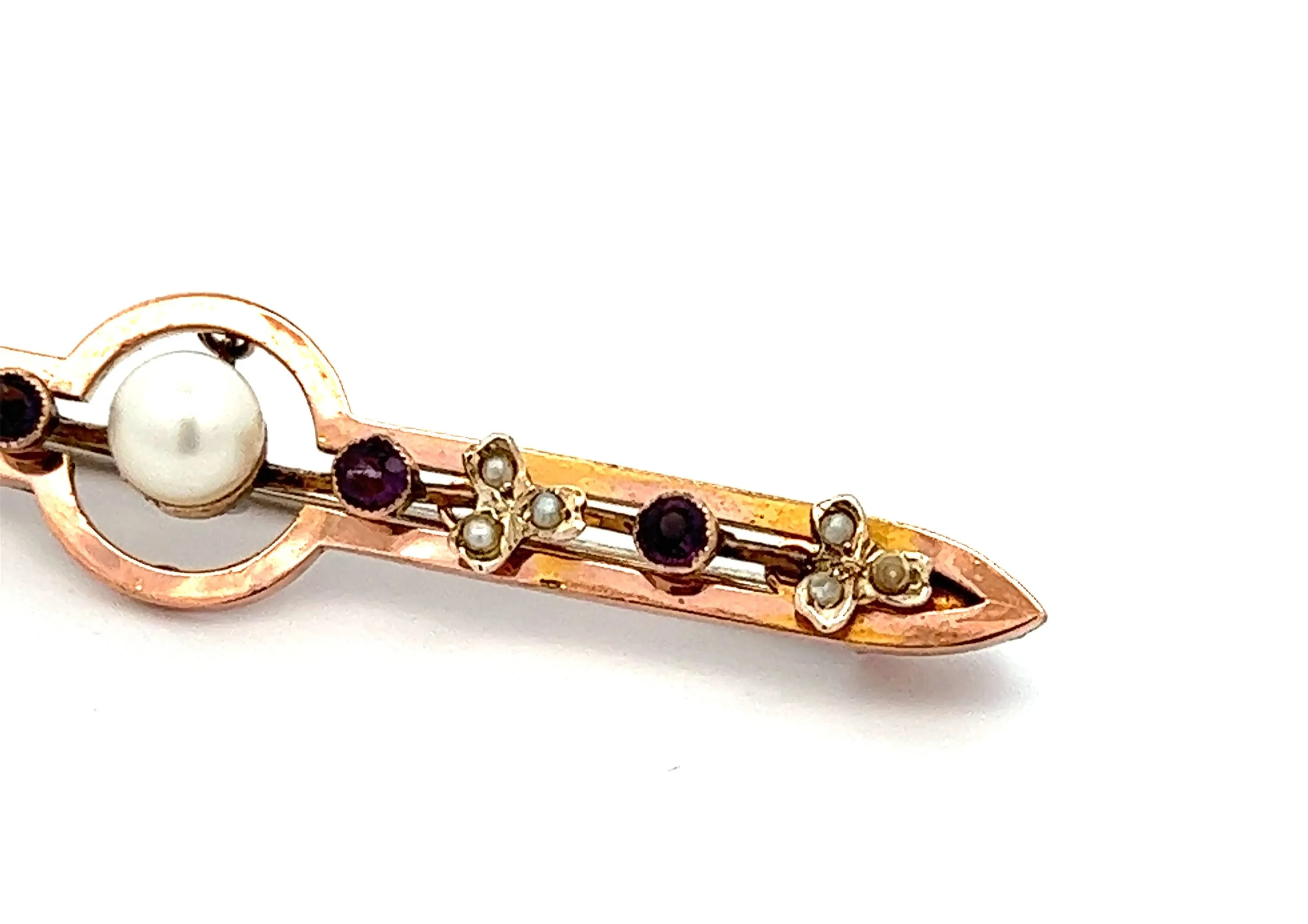 Pearl & Amethyst Yellow Gold Vintage Bar Brooch