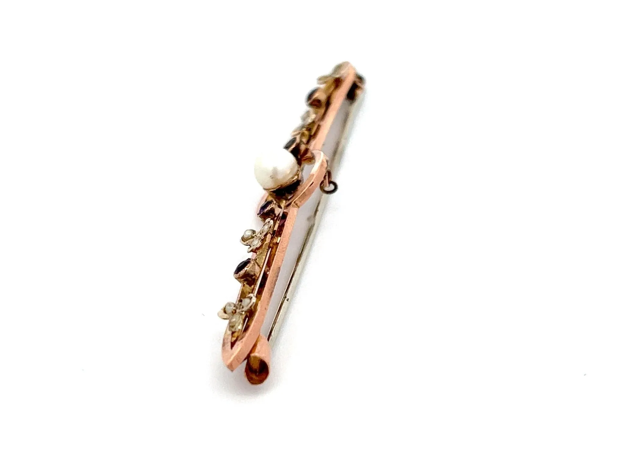 Pearl & Amethyst Yellow Gold Vintage Bar Brooch