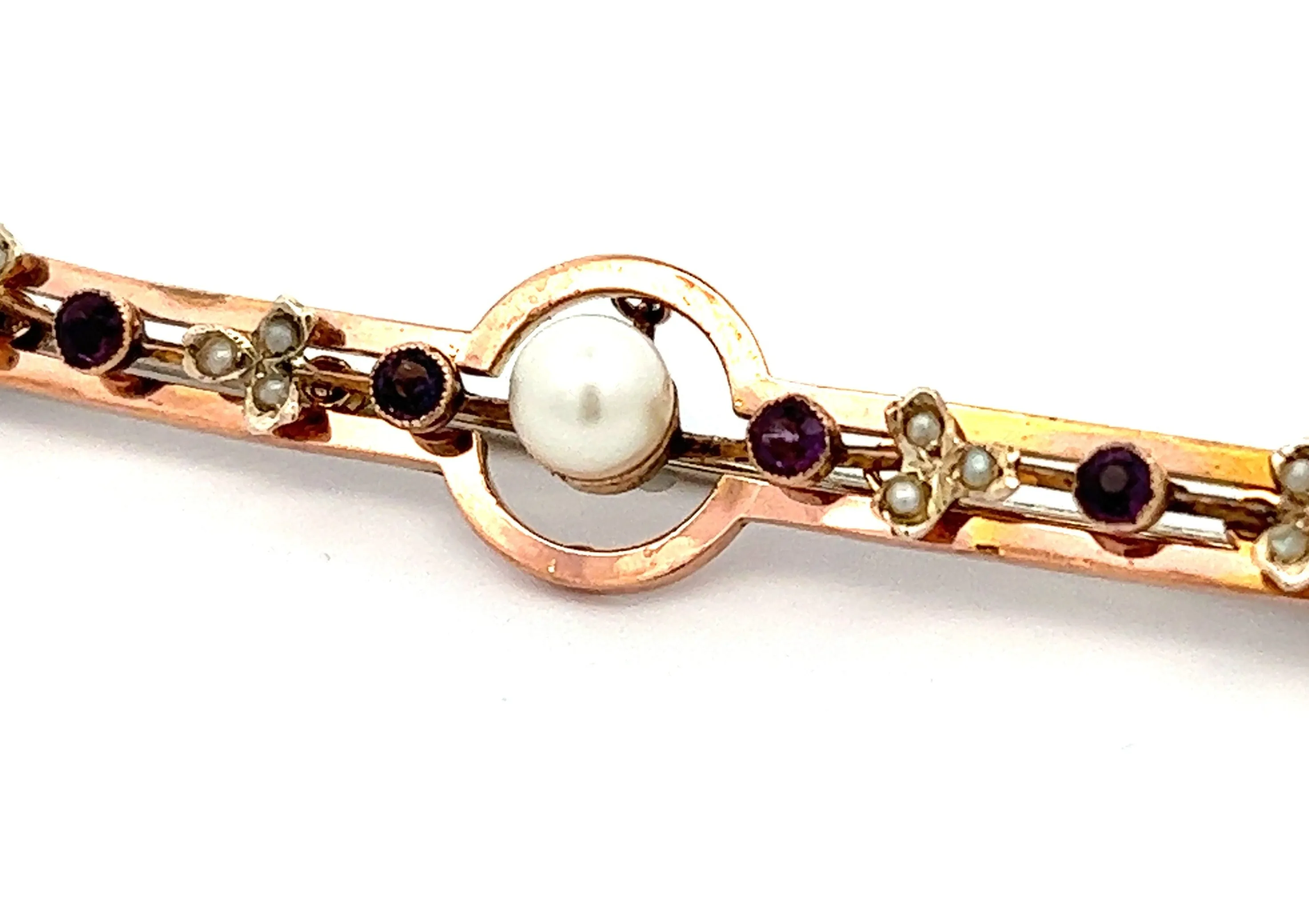 Pearl & Amethyst Yellow Gold Vintage Bar Brooch
