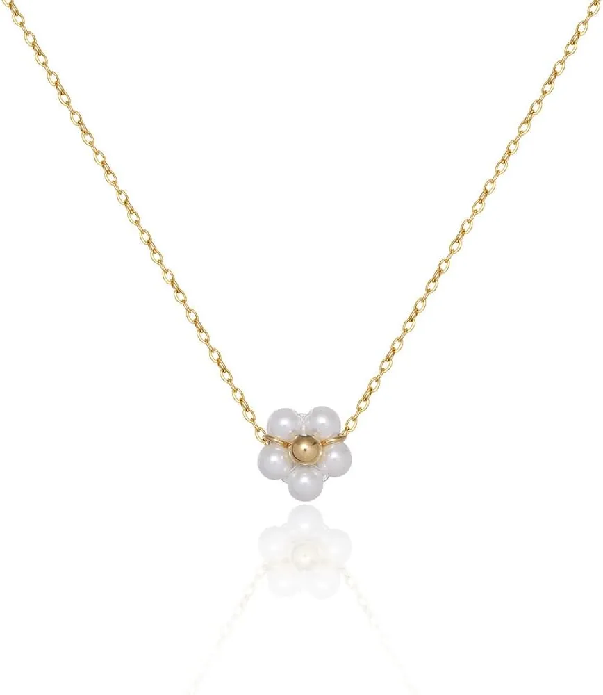 Pearl Daisy Flower Choker Necklace for Women Stainless Steel 18K Gold Plated Beaded Faux Pearls Adjustable Necklace Chain Elegant Jewelry Gifts