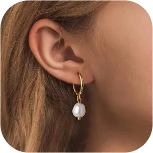 Pearl Drop Earrings for Women, 14k Gold Pearl Dangle Earring Hypoallergenic Dangling Round Pearls Dangly Pearl Hook Earrings Hanging Bridal Wedding Earring for Women
